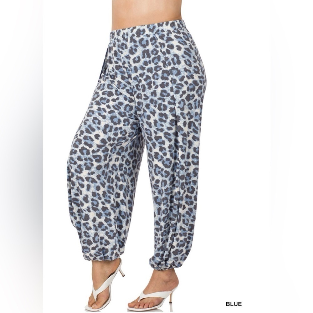 New!Plus Size Blue Leopard Print Split Sides Pants Size 1X 2X 3X